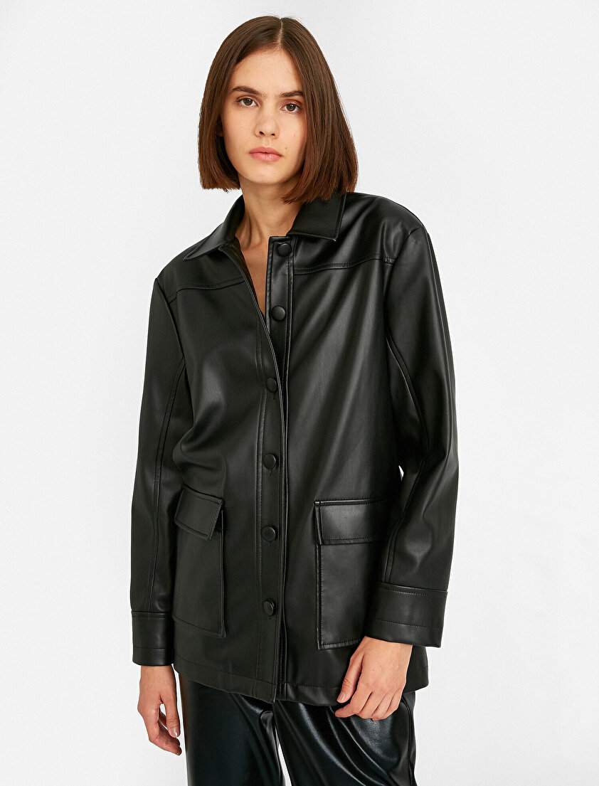 Kemerli Cepli Suni Deri Blazer Ceket