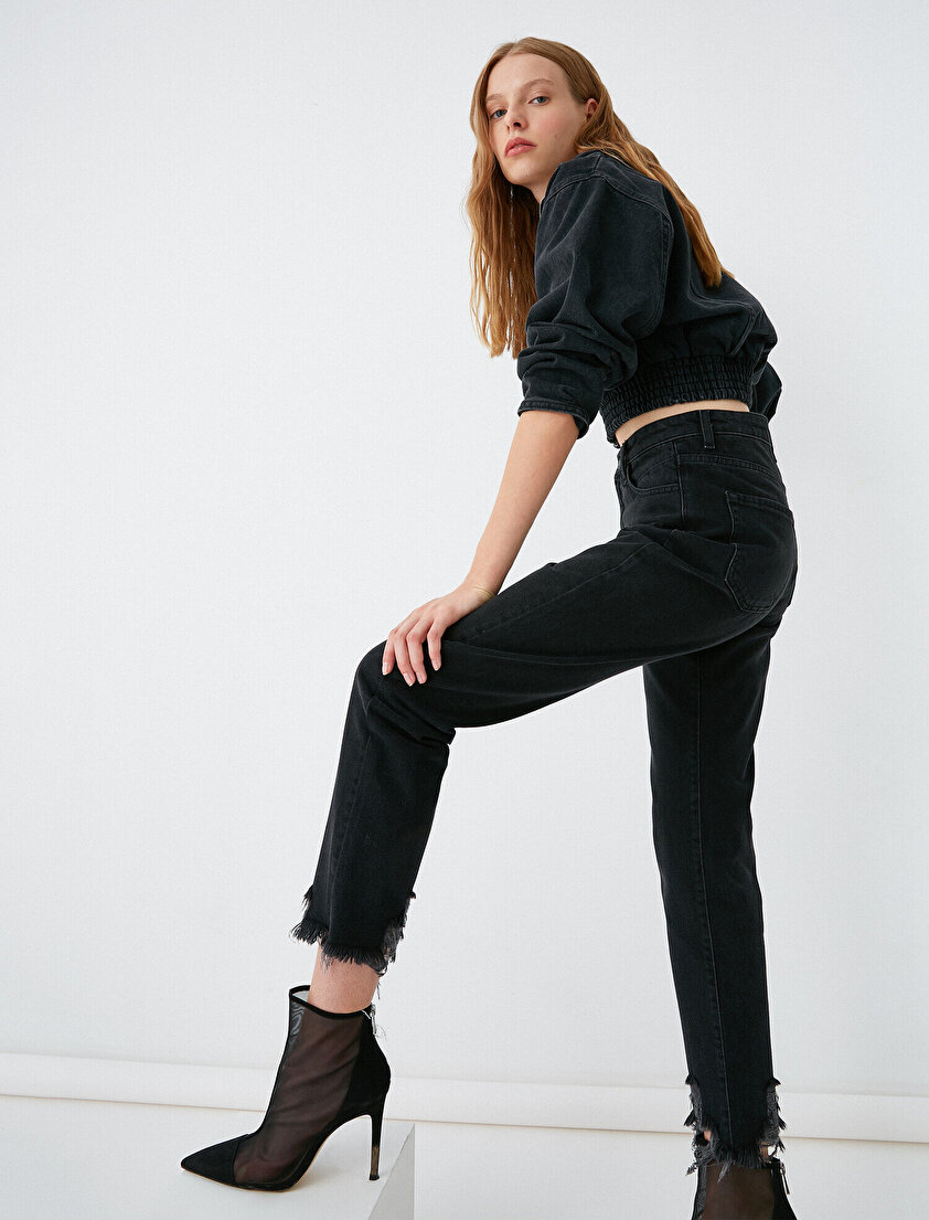 %100 Pamuk Yüksek Bel Mom Jean