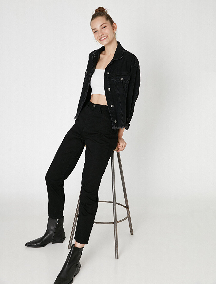 %100 Pamuk Yüksek Bel Mom Jean