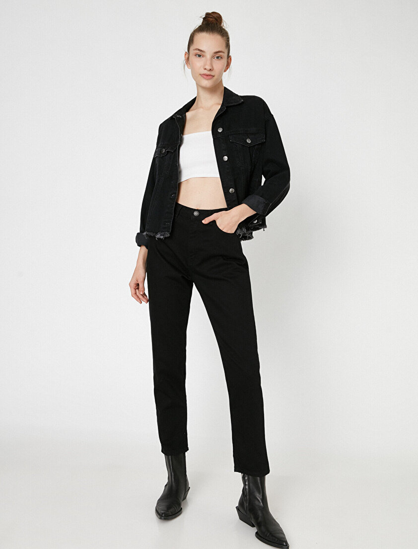 %100 Pamuk Yüksek Bel Mom Jean