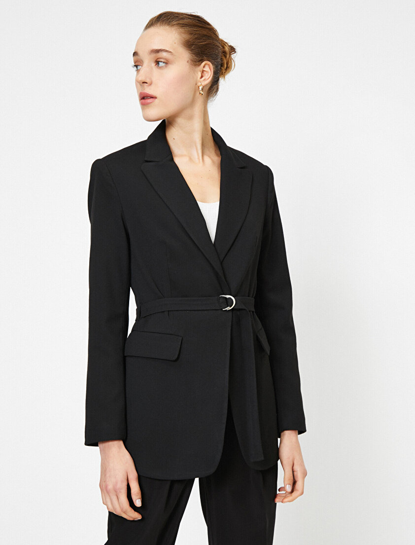 V Yaka Çift Cepli Beli Bağlamalı Ceket