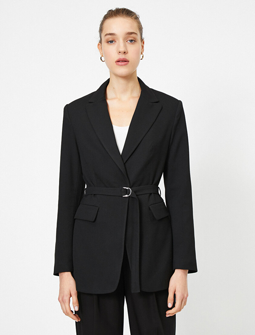 V Yaka Çift Cepli Beli Bağlamalı Ceket