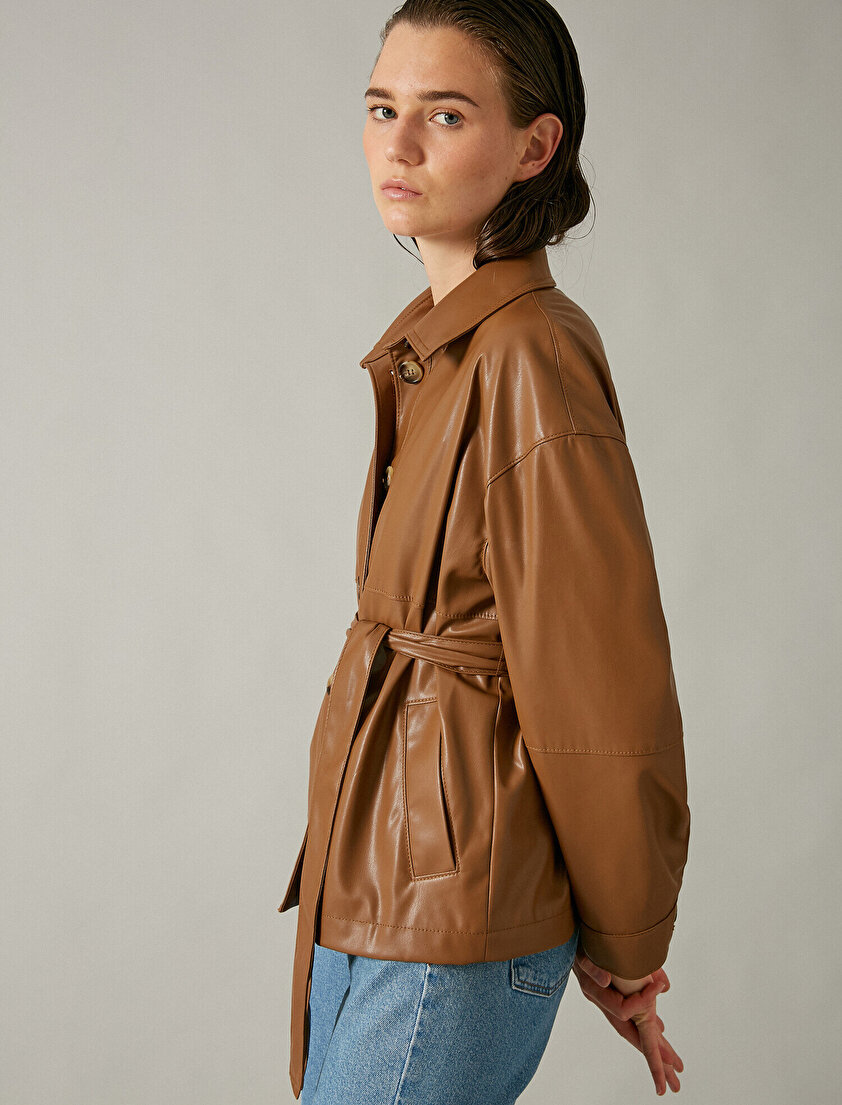 Kemerli Suni Deri Ceket