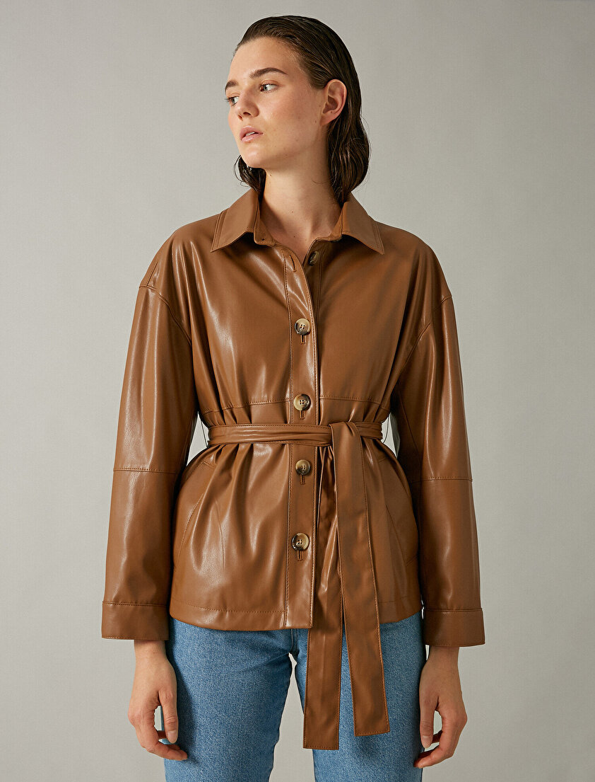 Kemerli Suni Deri Ceket