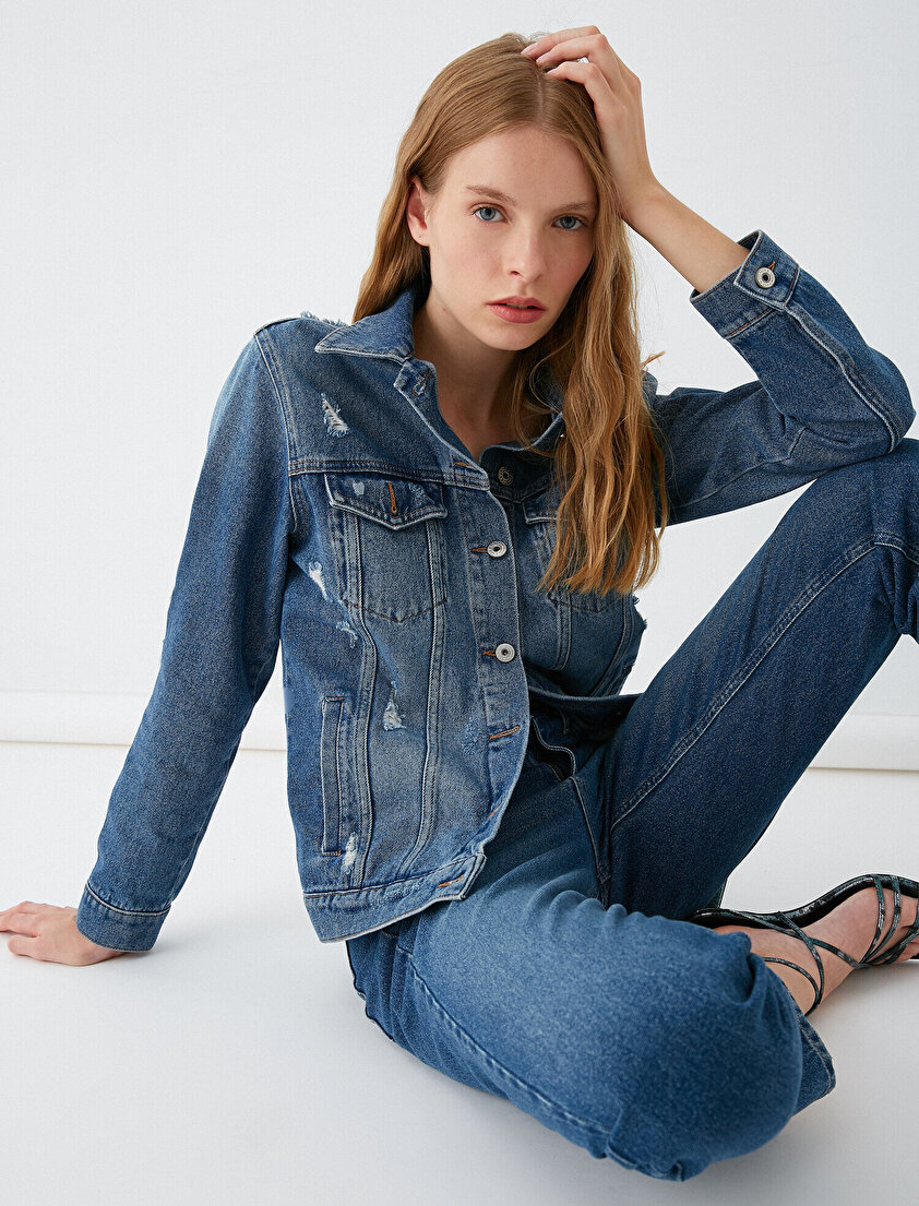 Eskitme Detaylı Jean Ceket