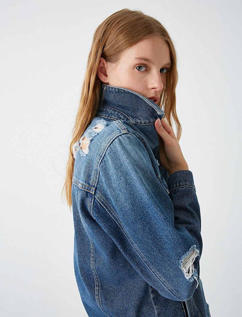 Eskitme Detaylı Jean Ceket