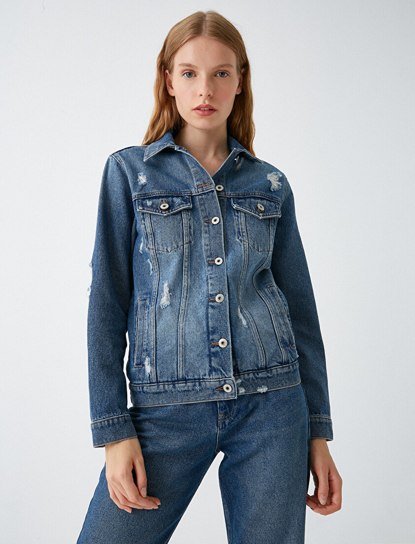 Eskitme Detaylı Jean Ceket