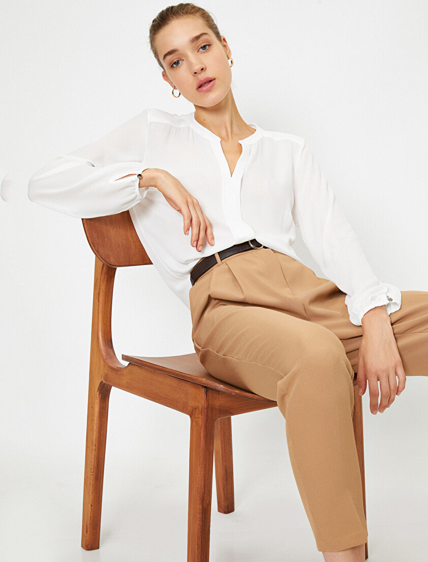 V Yaka Uzun Kollu Krep Bluz