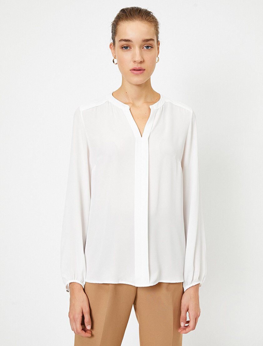 V Yaka Uzun Kollu Krep Bluz