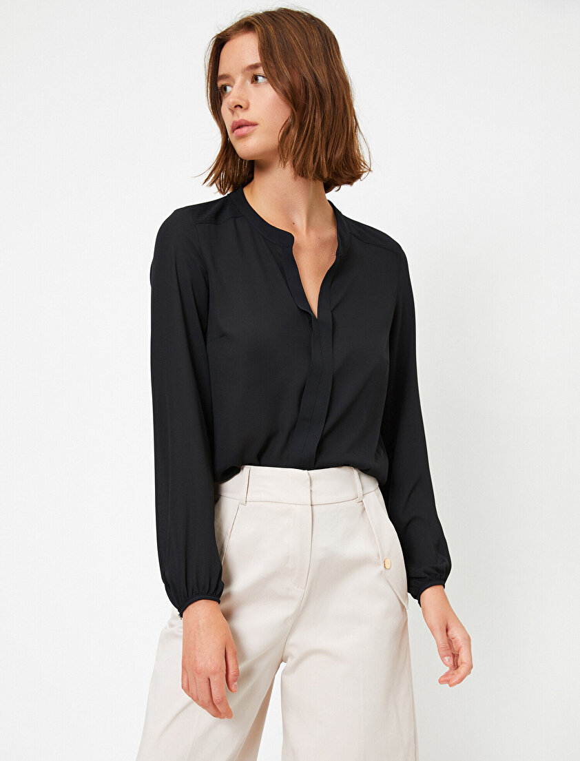 V Yaka Uzun Kollu Krep Bluz