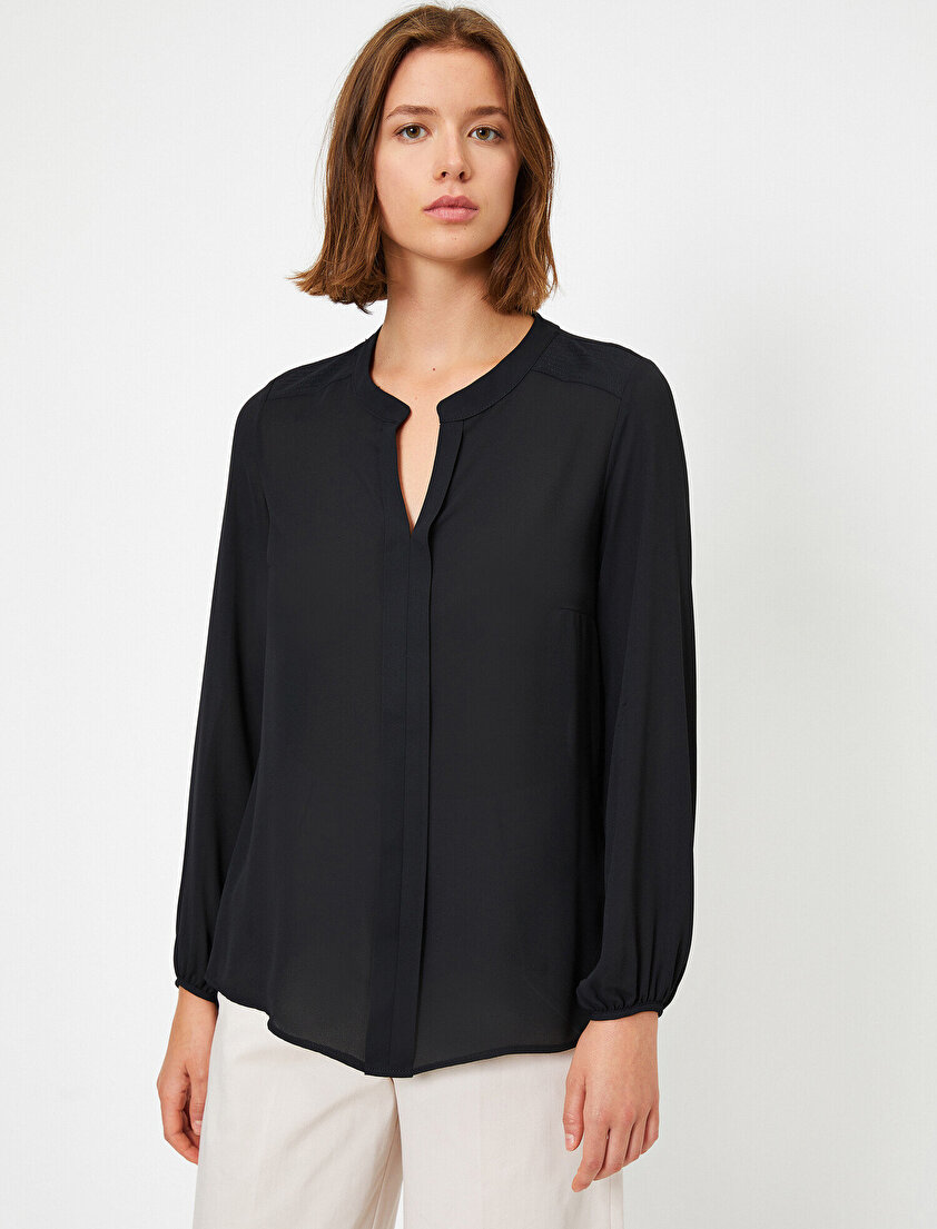 V Yaka Uzun Kollu Krep Bluz