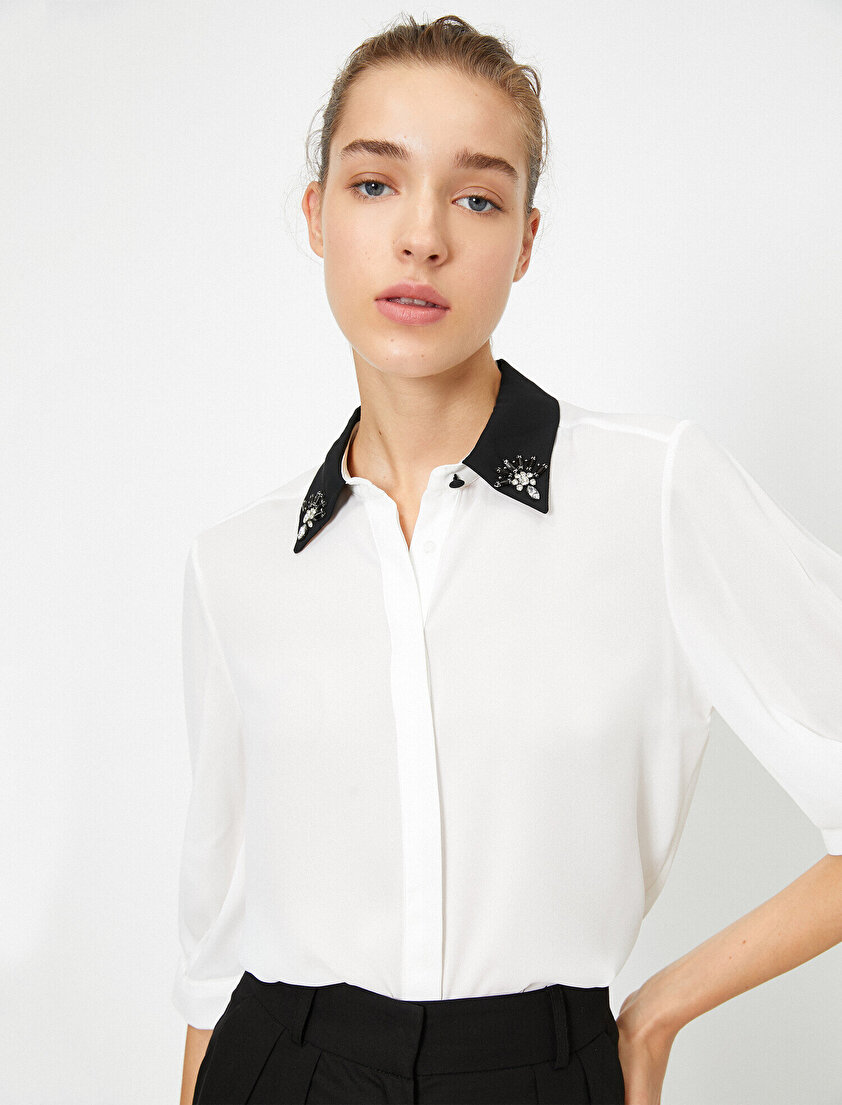 Kısa Kollu İşlemeli Peplum Gömlek