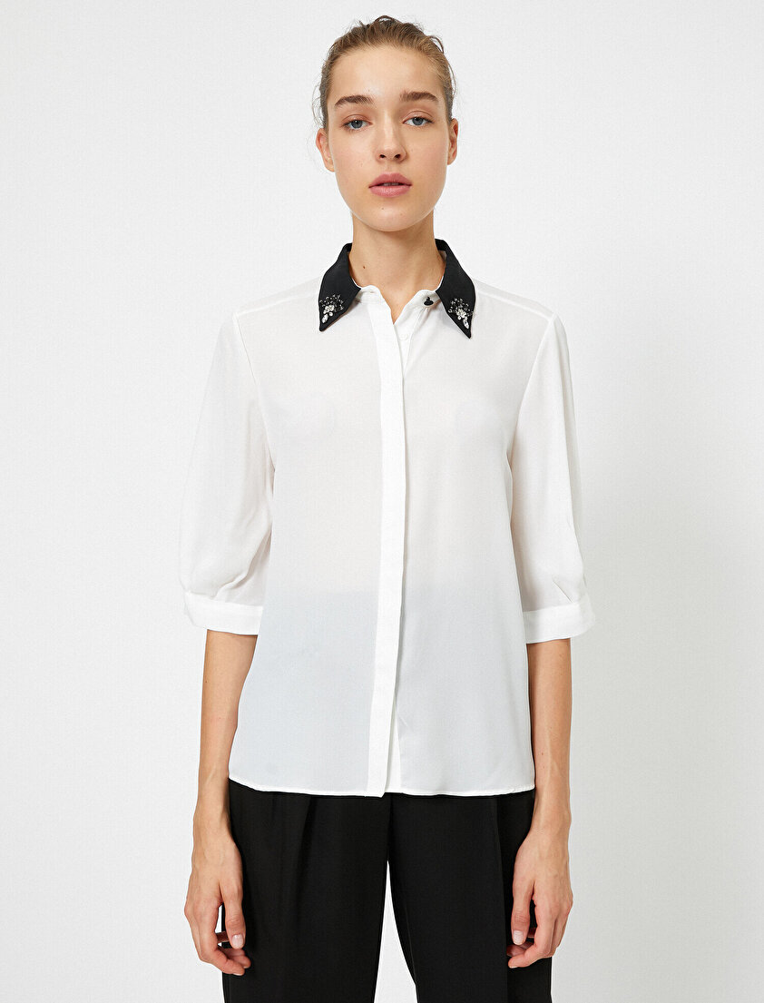 Kısa Kollu İşlemeli Peplum Gömlek