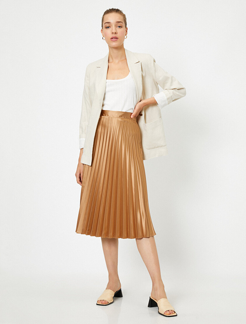 Yüksek Bel Pliseli Midi Etek