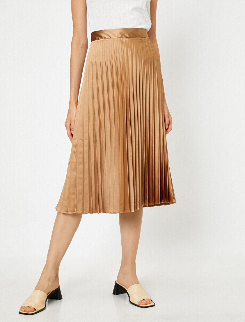 Yüksek Bel Pliseli Midi Etek