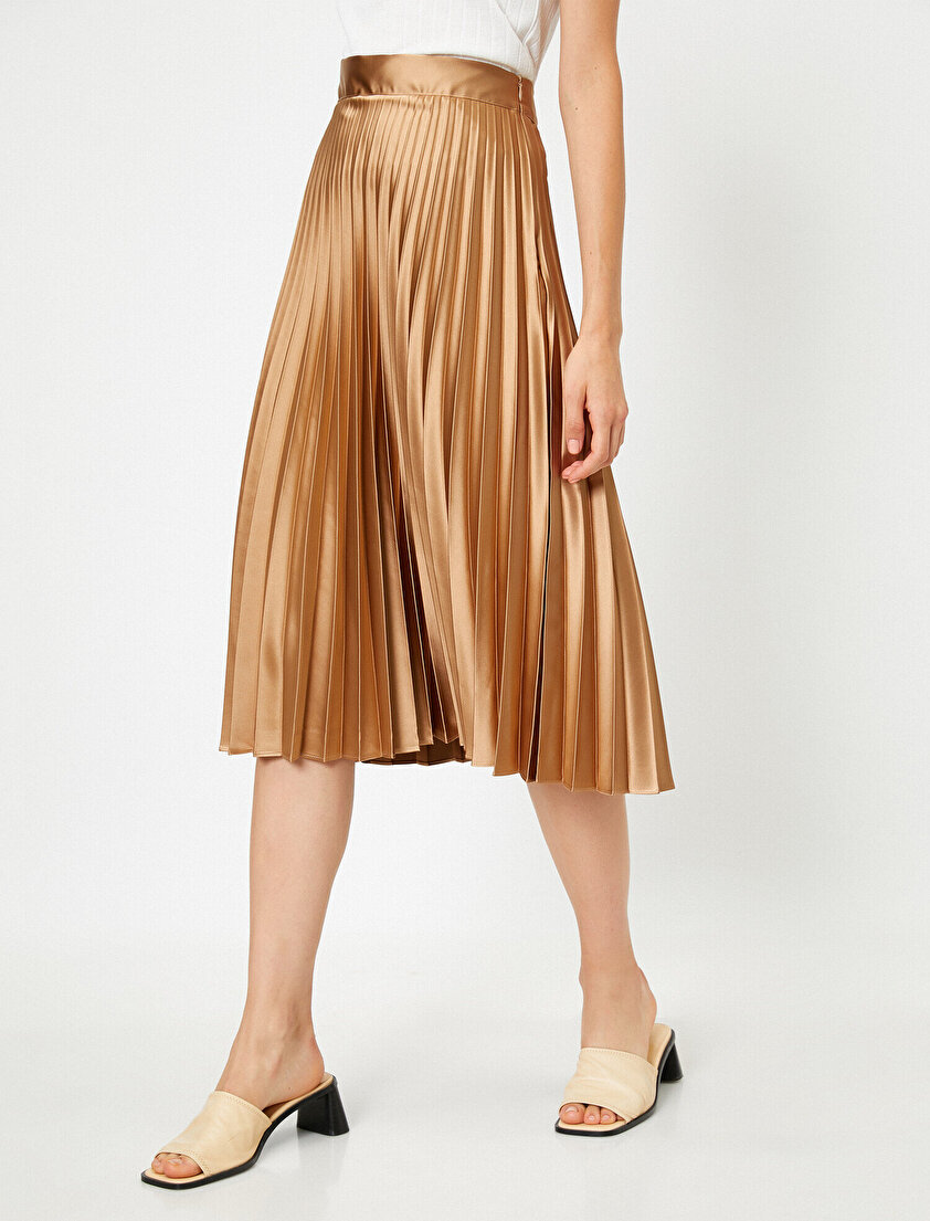 Yüksek Bel Pliseli Midi Etek