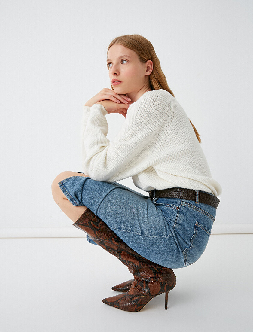 Yırtmaçlı Düğmeli Jean Etek