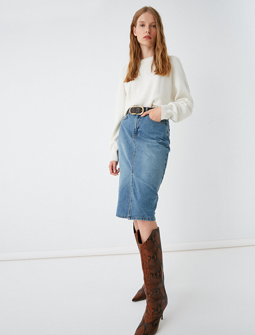 Yırtmaçlı Düğmeli Jean Etek