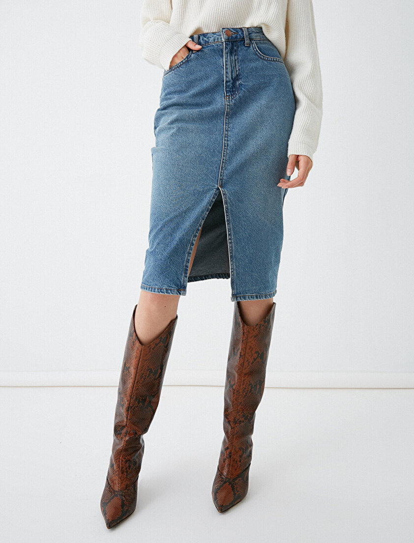 Yırtmaçlı Düğmeli Jean Etek