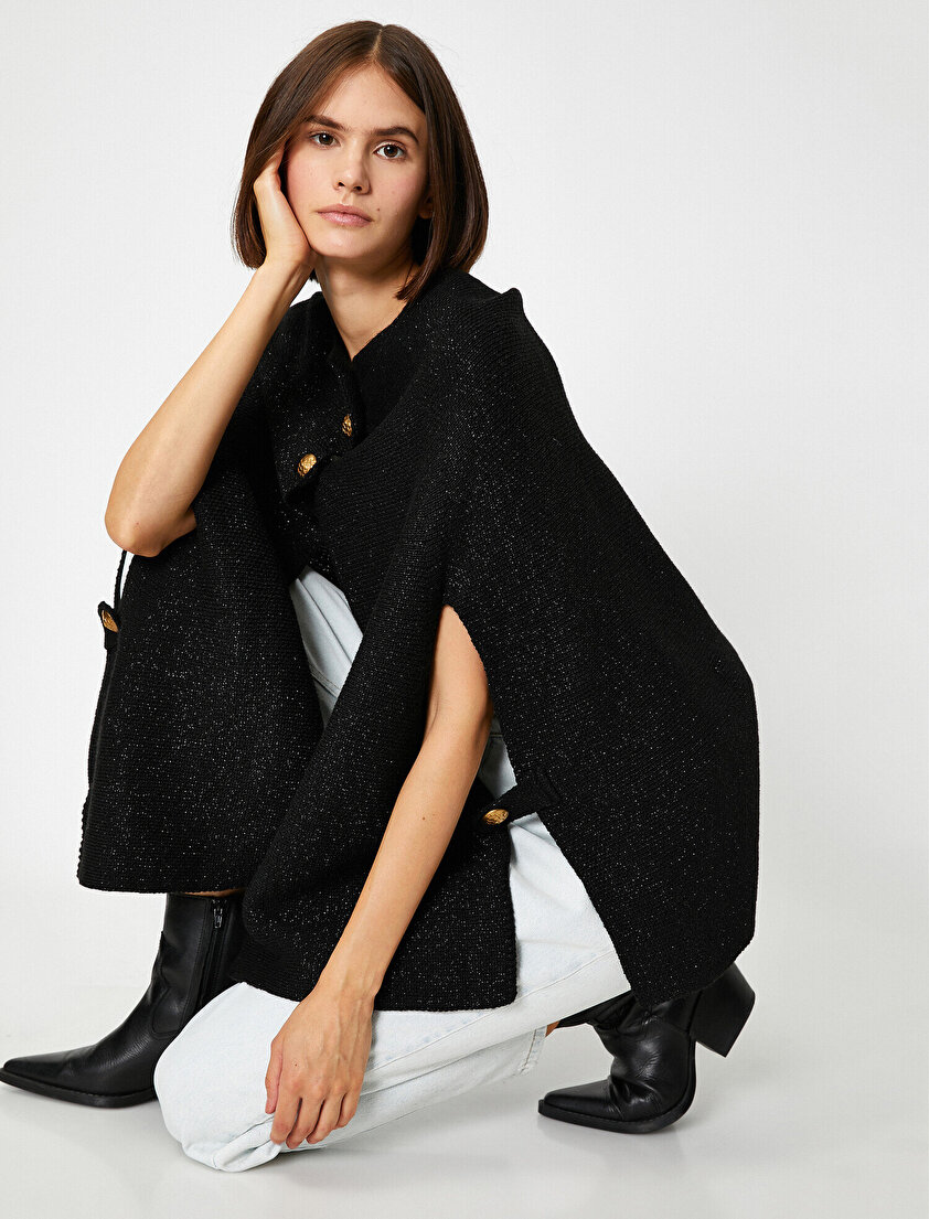 Şal Yaka Düğmeli Parlak Panço