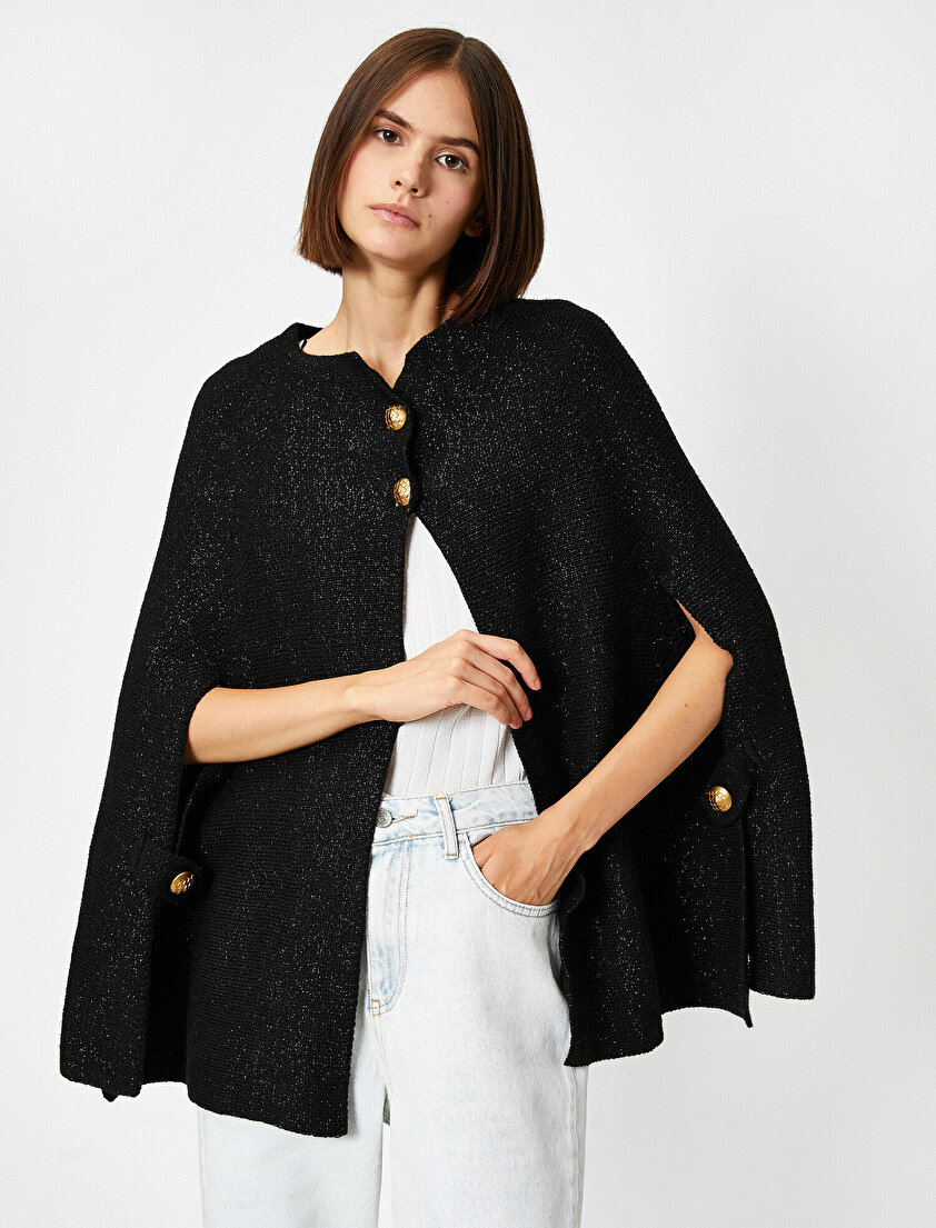 Şal Yaka Düğmeli Parlak Panço