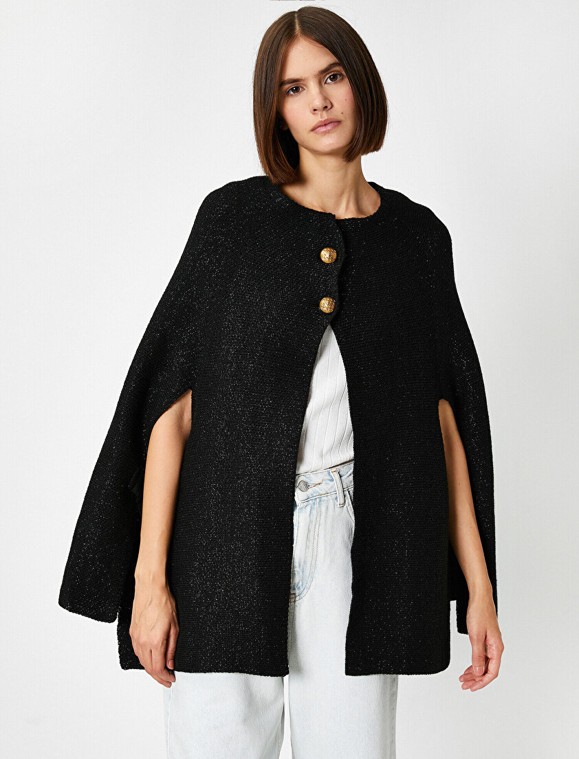 Şal Yaka Düğmeli Parlak Panço