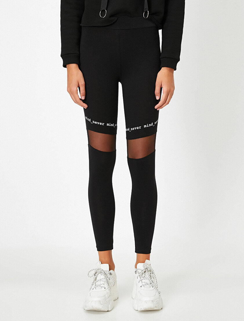 Yüksek Bel Slogan Baskılı Tül Detaylı Tayt