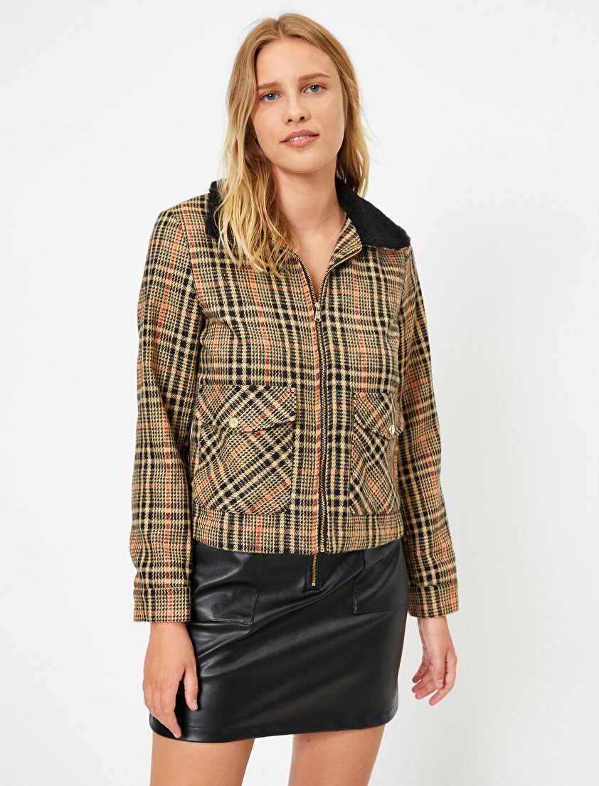 Fermuarlı Ekoseli Cepli Ceket