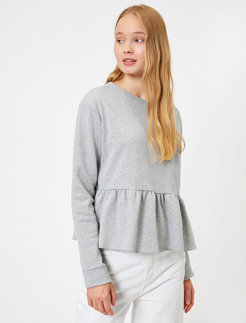 Bisiklet Yaka Uzun Kollu Fırfır Detaylı Sweatshirt