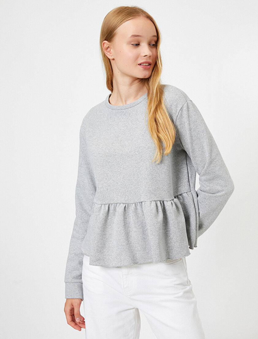 Bisiklet Yaka Uzun Kollu Fırfır Detaylı Sweatshirt