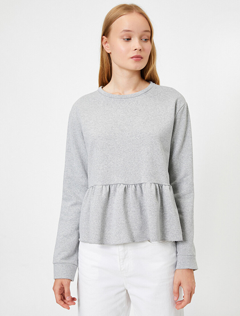 Bisiklet Yaka Uzun Kollu Fırfır Detaylı Sweatshirt