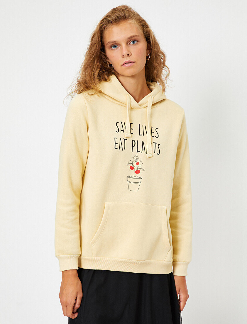 Kapüşonlu Yazılı Baskılı Cepli Sweatshirt