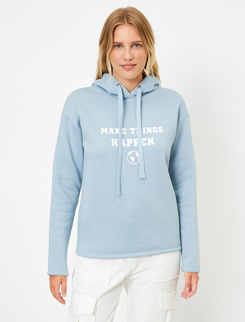 Kapüşonlu Yazılı Baskılı Uzun Kollu Sweatshirt