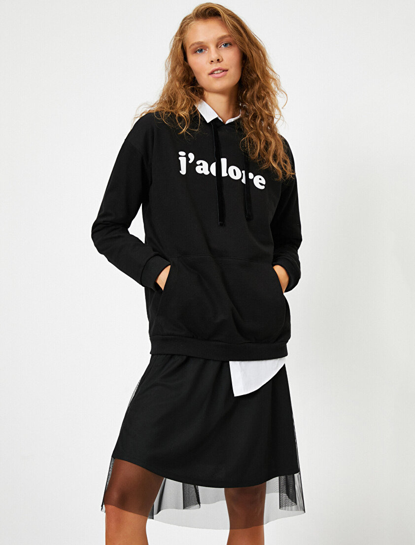 Kapüşonlu Yazılı Baskılı Cepli Uzun Kollu Sweatshirt