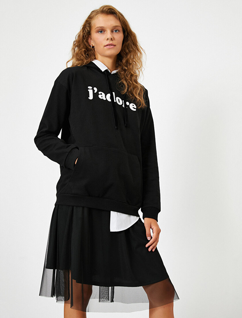 Kapüşonlu Yazılı Baskılı Cepli Uzun Kollu Sweatshirt