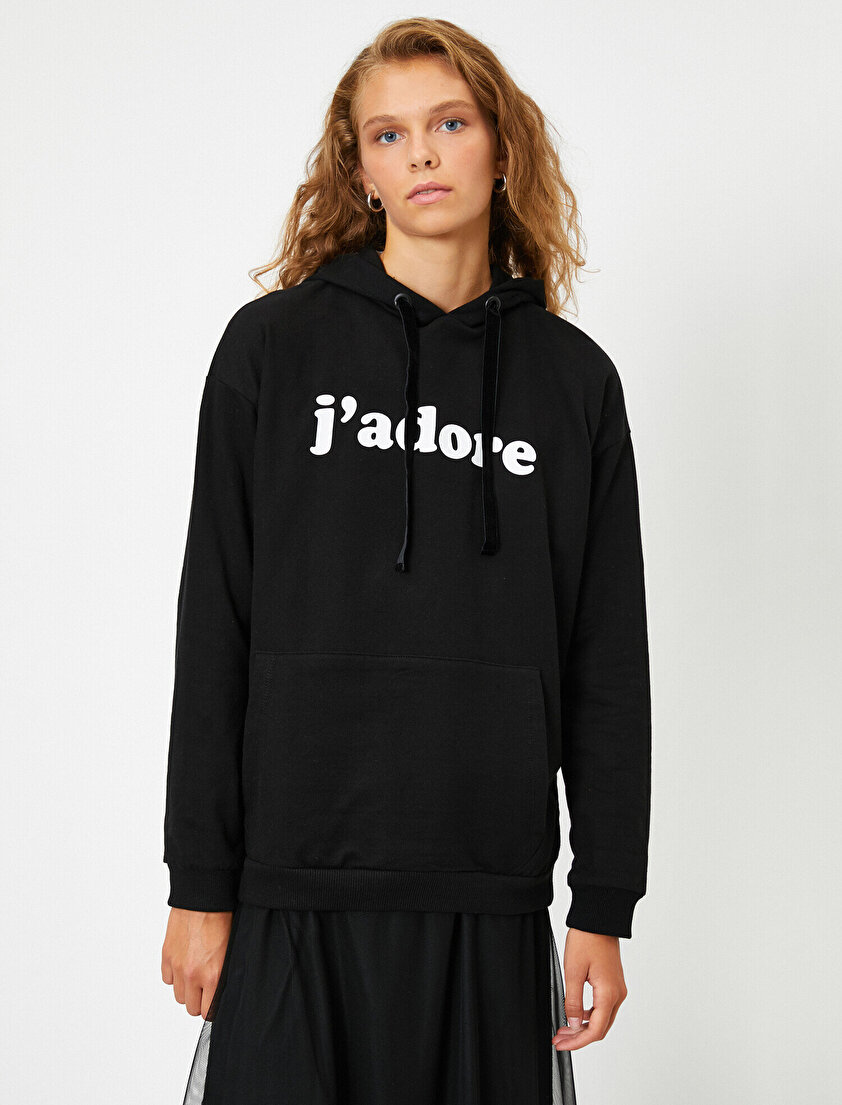 Kapüşonlu Yazılı Baskılı Cepli Uzun Kollu Sweatshirt