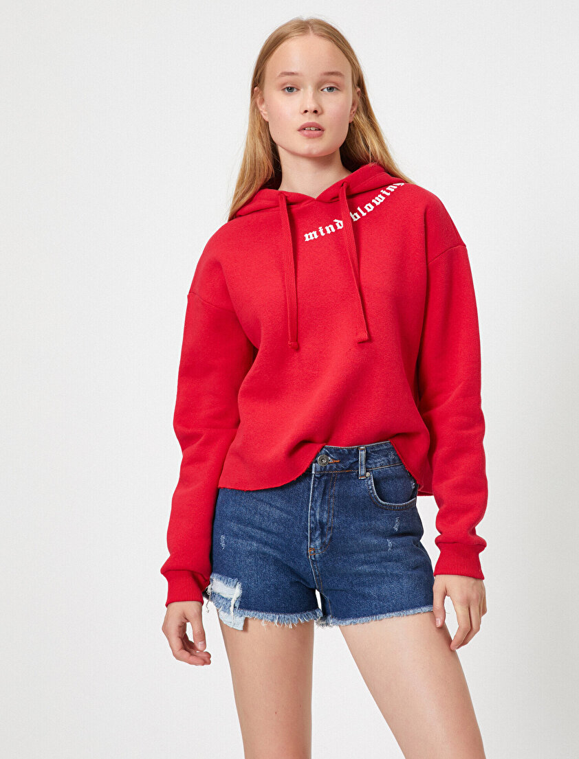 Kapüşonlu Yazılı Baskılı Swetashirt