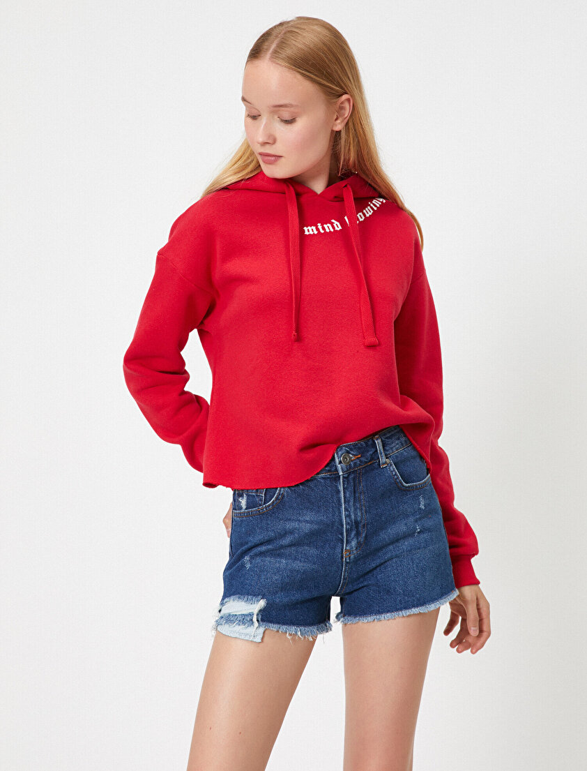 Kapüşonlu Yazılı Baskılı Swetashirt