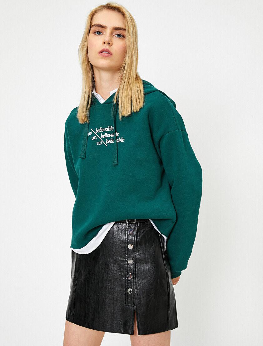 Uzun Kollu Yazılı Baskılı Kapüşonlu Sweatshirt