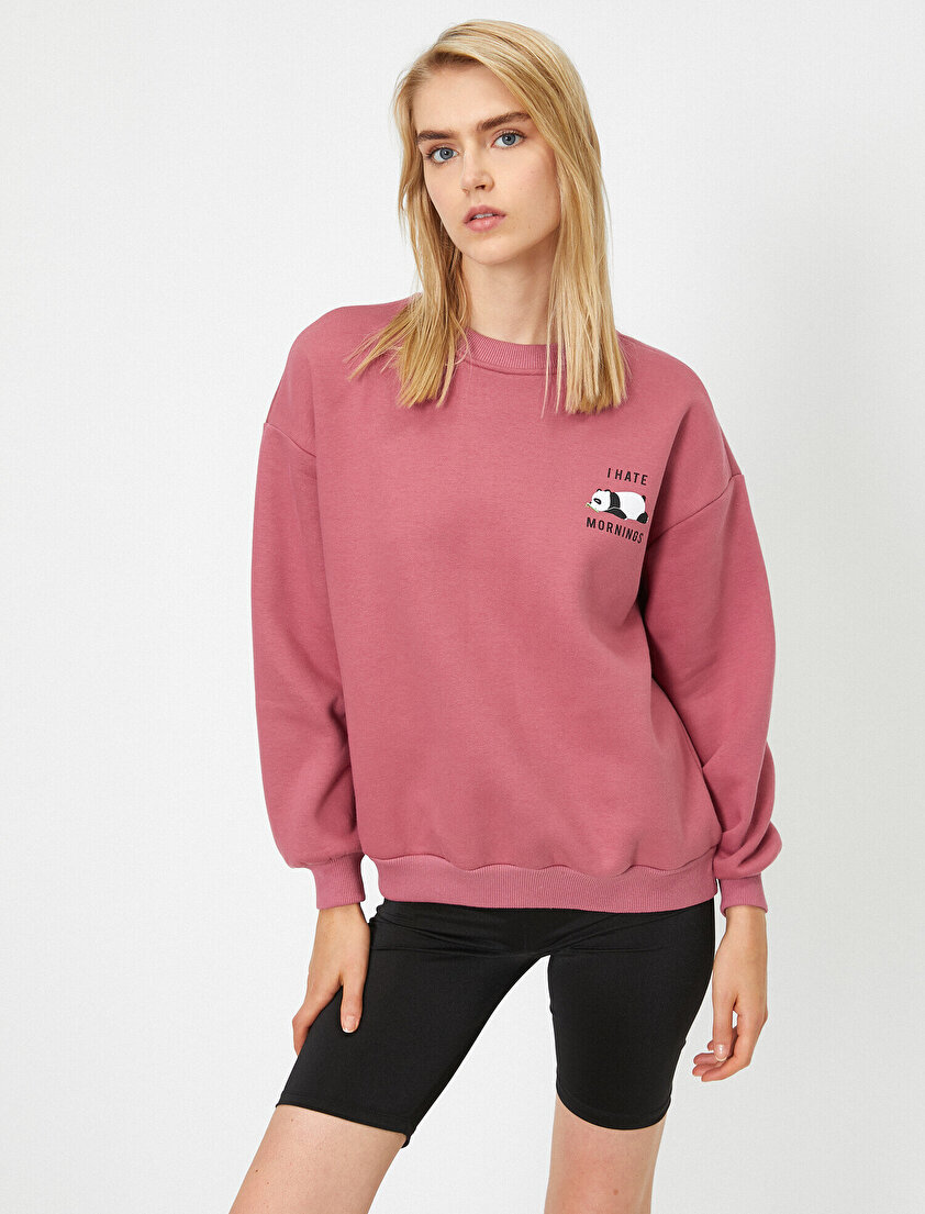 Bisiklet Yaka Hayvan Baskılı Uzun Kollu Sweatshirt