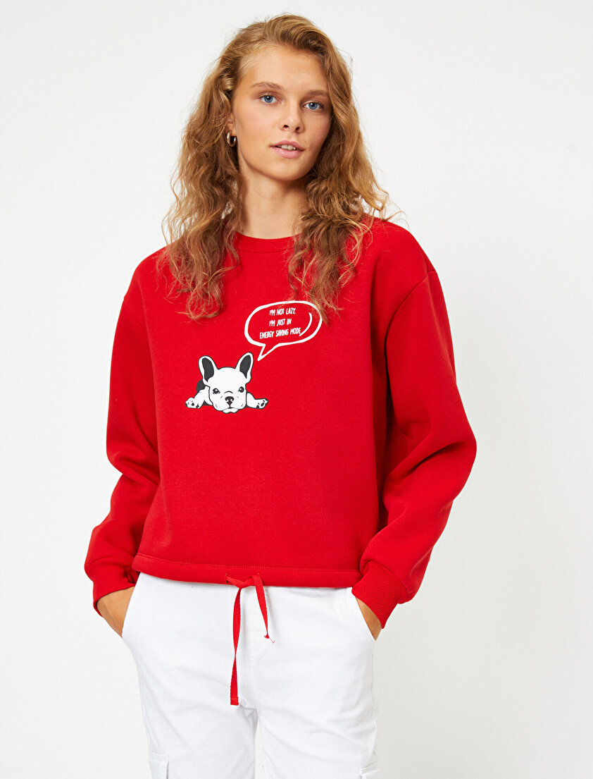 Bisiklet Yaka Yazılı Baskılı İp Detaylı Sweatshirt