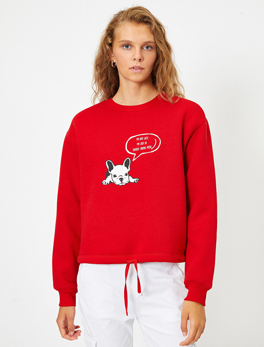 Bisiklet Yaka Yazılı Baskılı İp Detaylı Sweatshirt