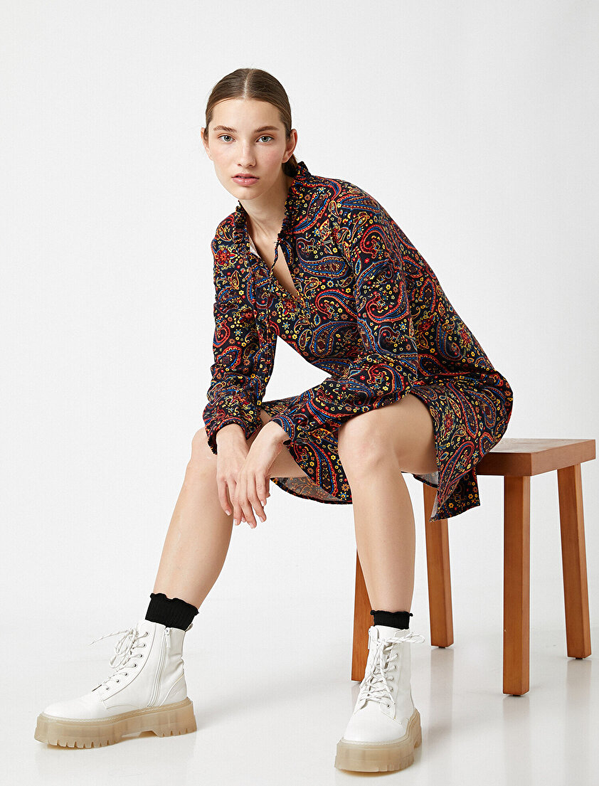  %100 Pamuk Uzun Kollu Şal Desenli Elbise