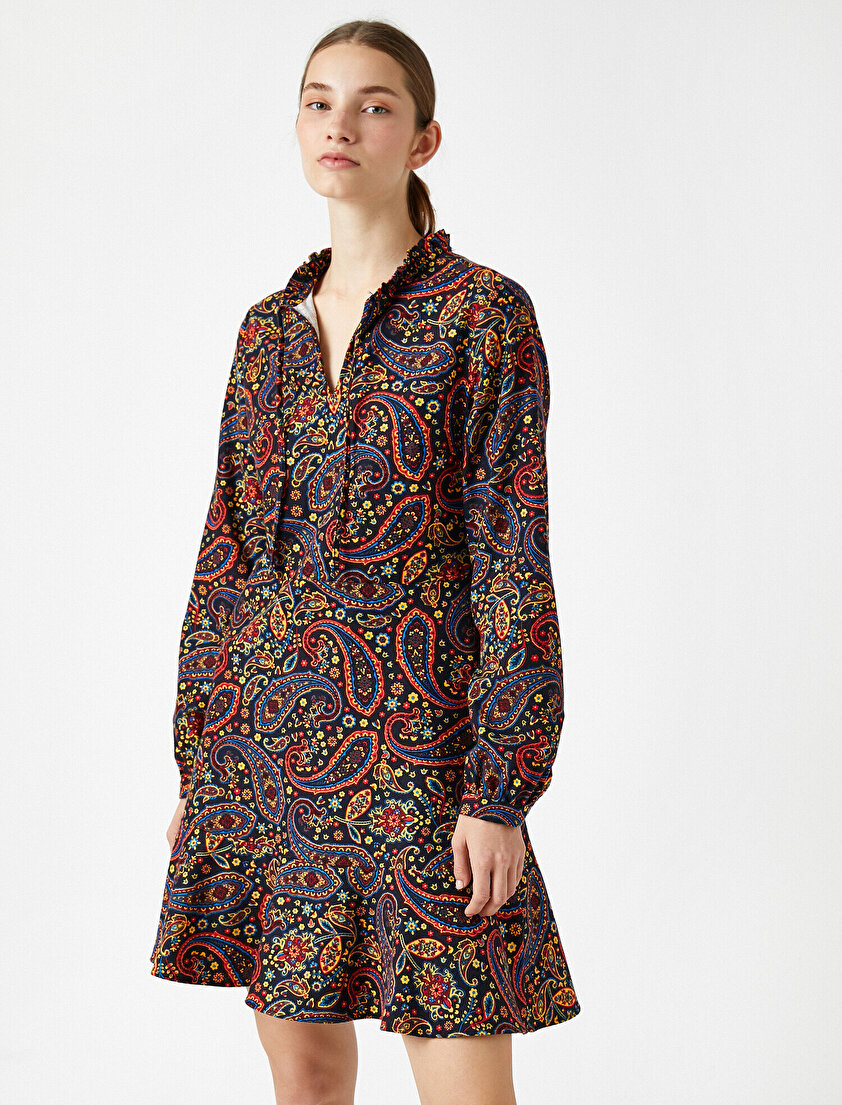  %100 Pamuk Uzun Kollu Şal Desenli Elbise