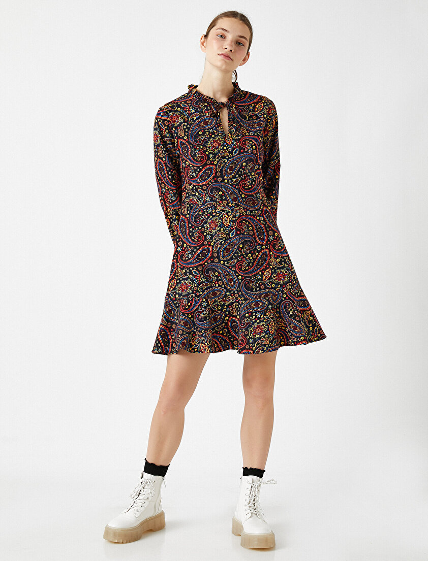  %100 Pamuk Uzun Kollu Şal Desenli Elbise