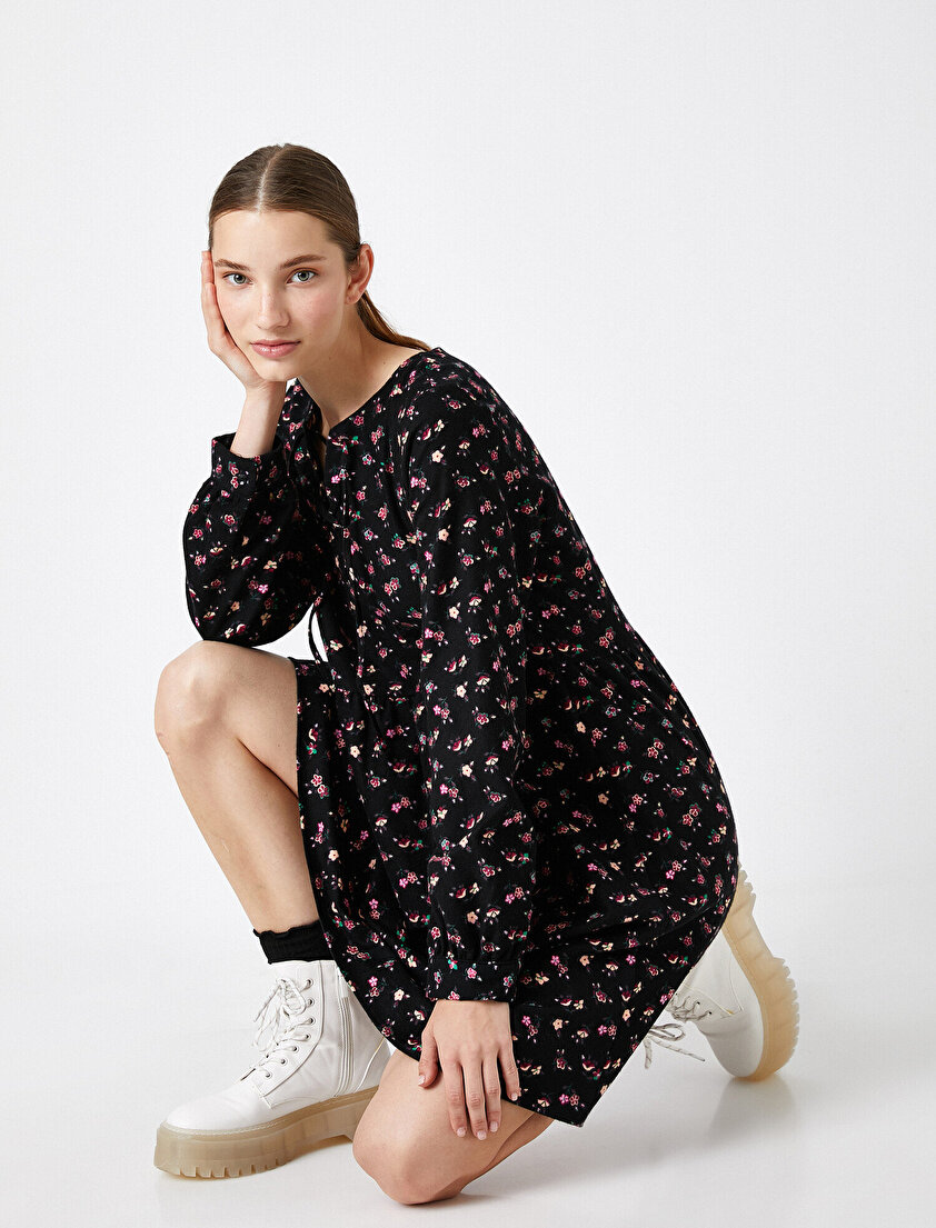  %100 Pamuk Uzun Kollu Çiçek Desenli Elbise