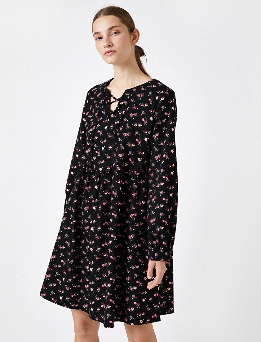  %100 Pamuk Uzun Kollu Çiçek Desenli Elbise