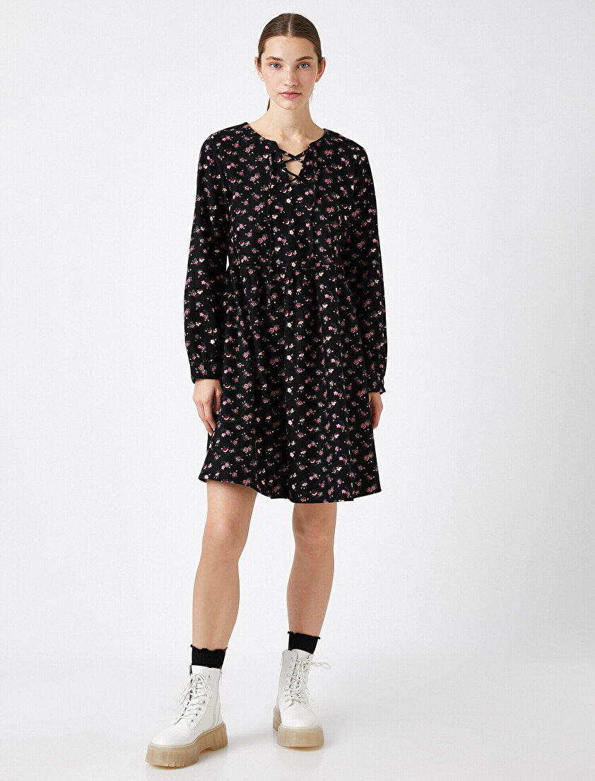  %100 Pamuk Uzun Kollu Çiçek Desenli Elbise