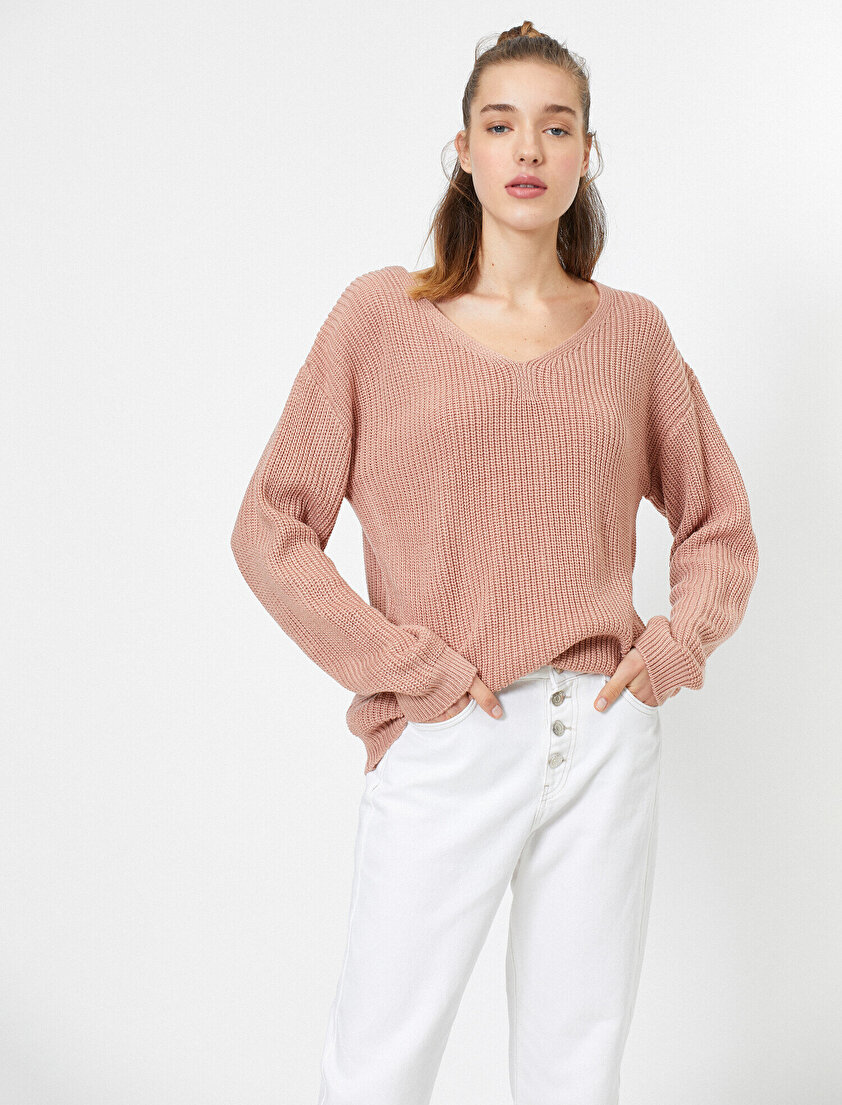 Sırt Detaylı Uzun Kollu Örgülü Kazak