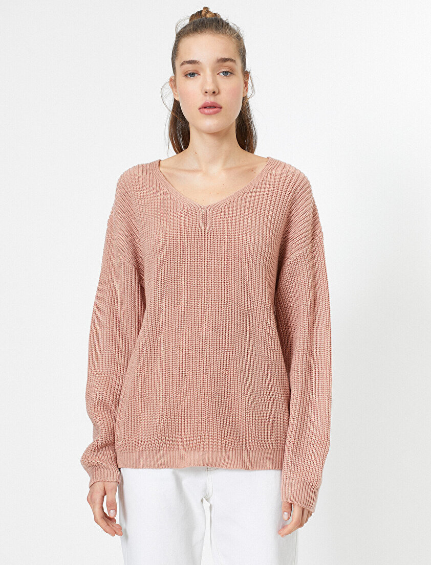 Sırt Detaylı Uzun Kollu Örgülü Kazak